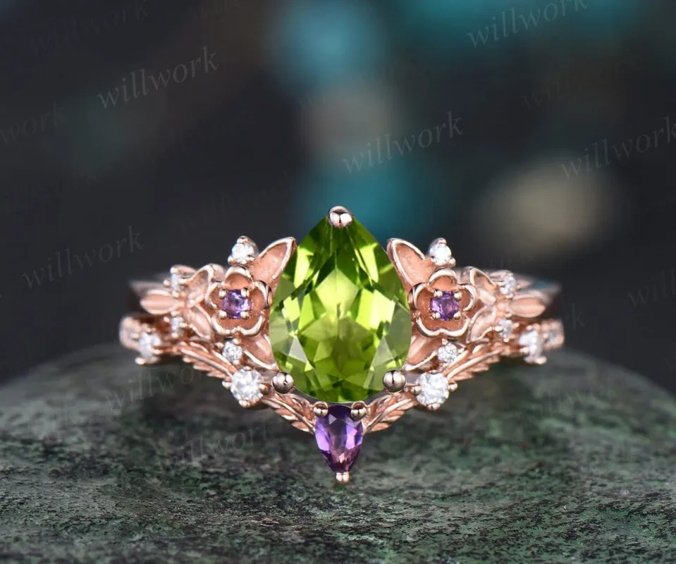 Vintage pear cut peridot engagement ring 14k rose gold twig leaf floral antique unique cluster diamond bridal wedding ring set women gift sold by Willwork Jewelry