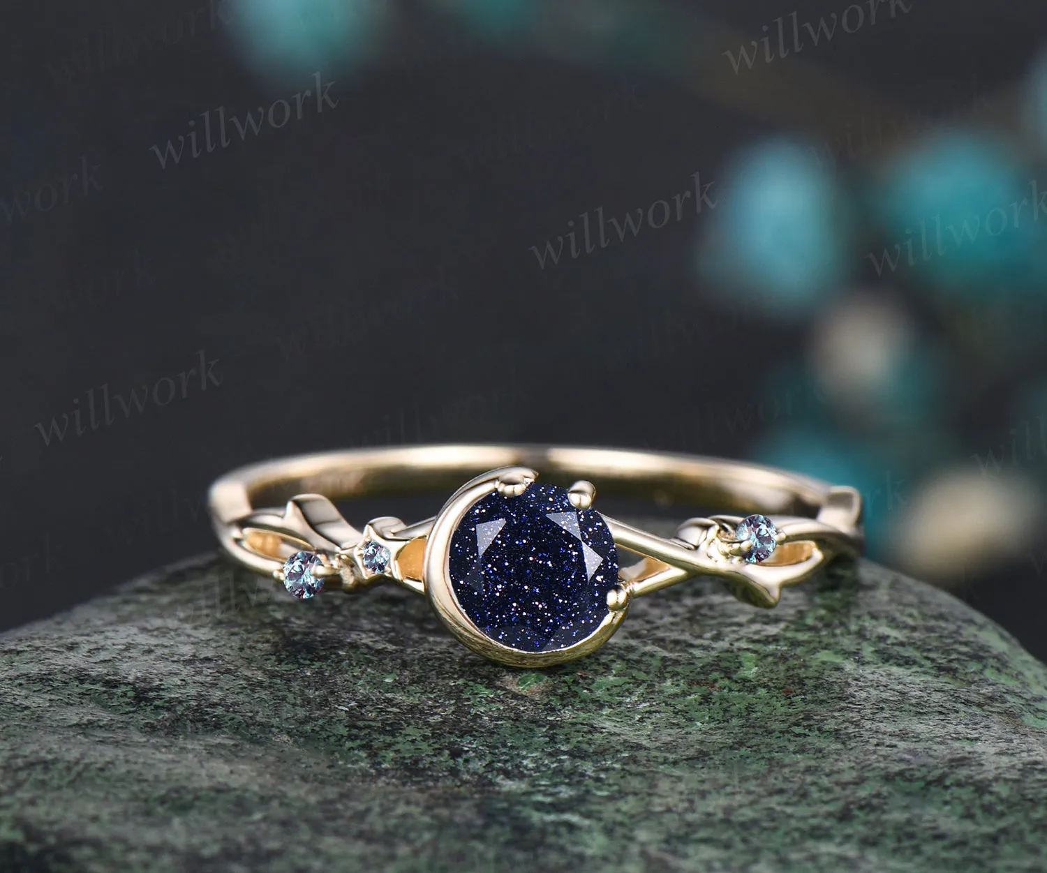 Galaxy Round Cut Blue Sandstone Engagement Ring June Birthstone Alexandrite Twisted Split Shank Ring Moon Star Wedding Ring Promise Jewelry sold by Willwork Jewelry