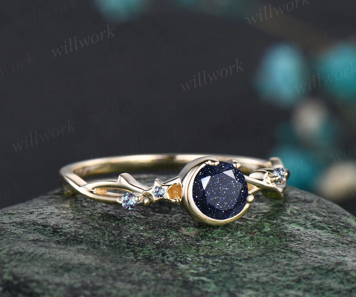 Galaxy Round Cut Blue Sandstone Engagement Ring June Birthstone Alexandrite Twisted Split Shank Ring Moon Star Wedding Ring Promise Jewelry sold by Willwork Jewelry product image thumbnail 3
