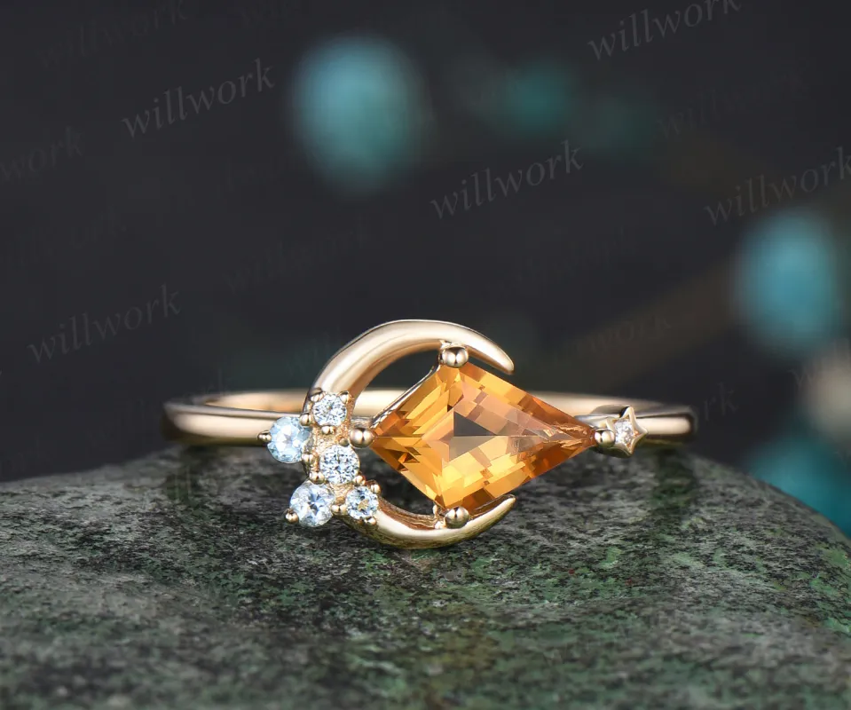 Delicate Kite Cut November Birthstone Natural Citrine Engagement Ring Blue Topaz Cluster Star Moon Wedding Ring Seven Stone Bridal Jewelry Gift made by Willwork Jewelry