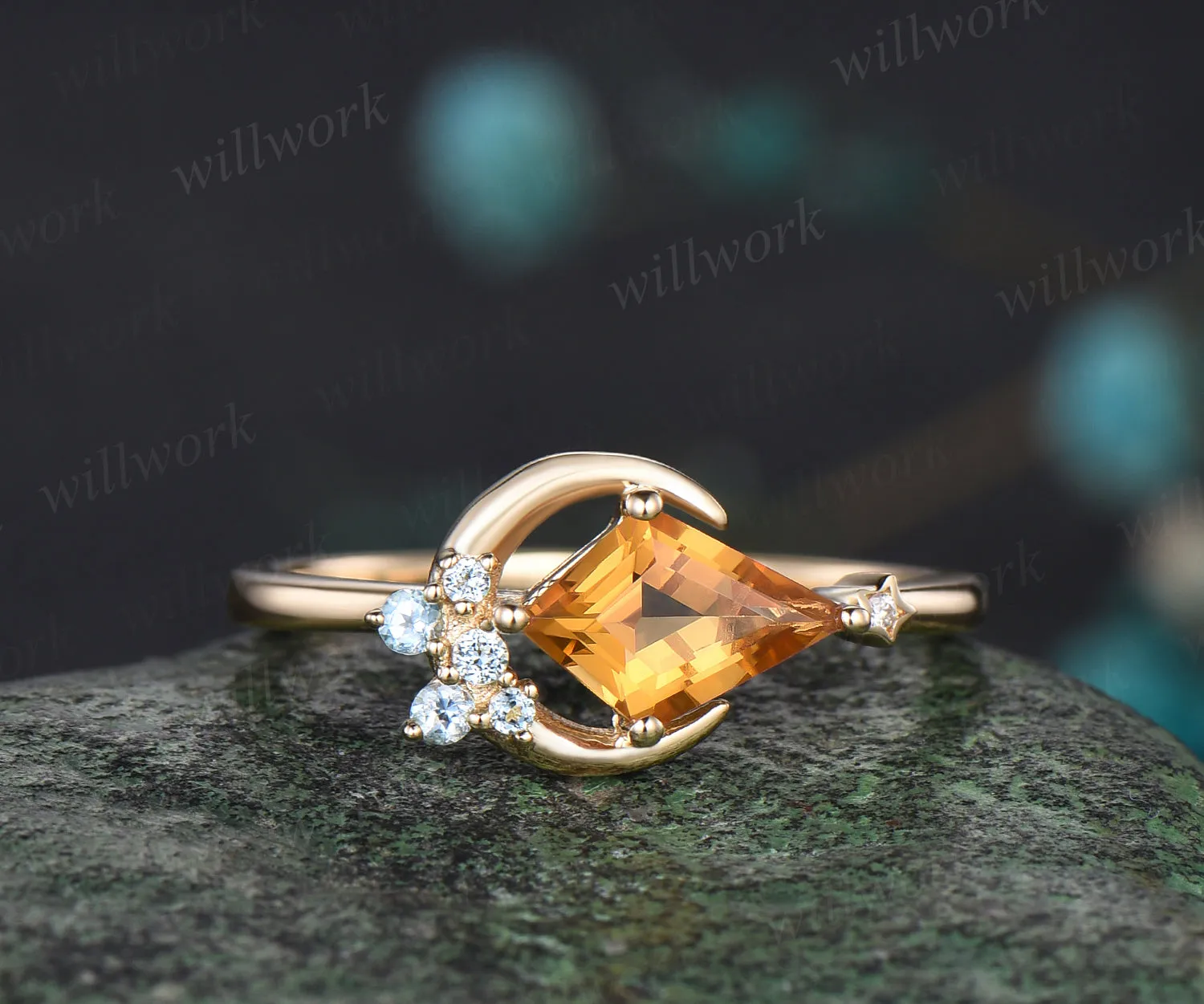 Delicate Kite Cut November Birthstone Natural Citrine Engagement Ring Blue Topaz Cluster Star Moon Wedding Ring Seven Stone Bridal Jewelry Gift sold by Willwork Jewelry