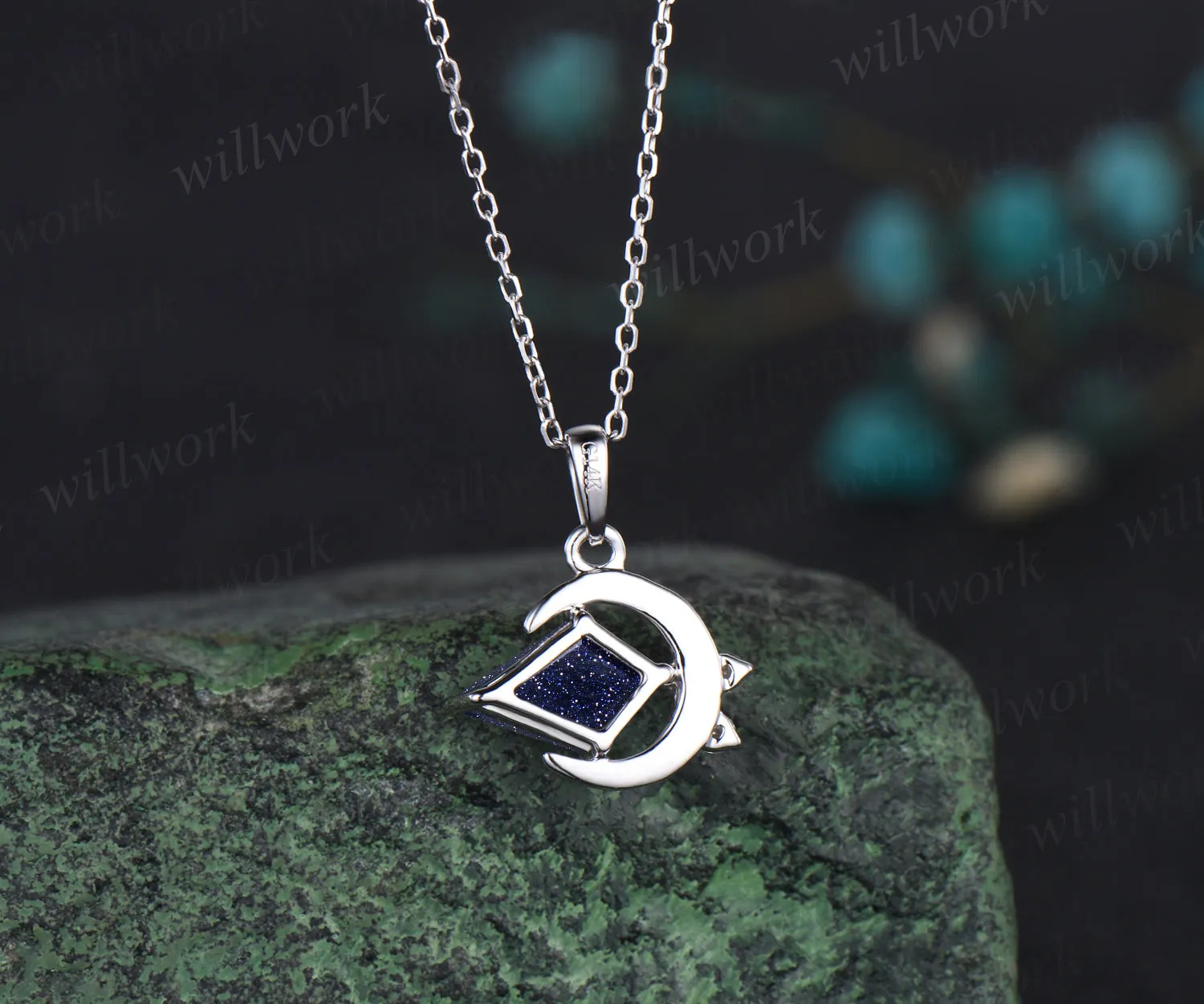 Minimalist Moon Necklace Delicate Kite Cut Galaxy Blue Sandstone Round Moissanite Cluster Pendant Art Deco Healing Jewelry Gift sold by Willwork Jewelry product image thumbnail 5