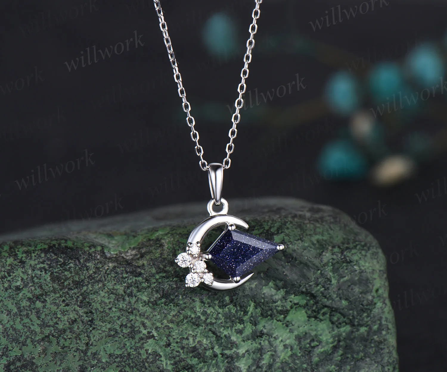 Minimalist Moon Necklace Delicate Kite Cut Galaxy Blue Sandstone Round Moissanite Cluster Pendant Art Deco Healing Jewelry Gift sold by Willwork Jewelry product image thumbnail 4