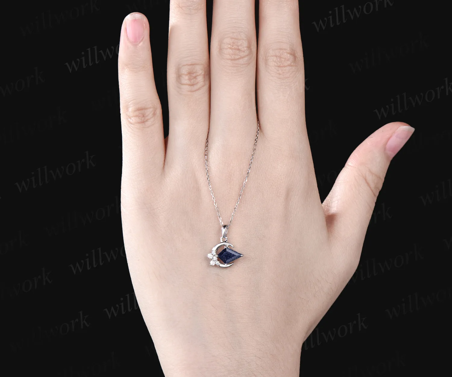 Minimalist Moon Necklace Delicate Kite Cut Galaxy Blue Sandstone Round Moissanite Cluster Pendant Art Deco Healing Jewelry Gift sold by Willwork Jewelry product image thumbnail 2