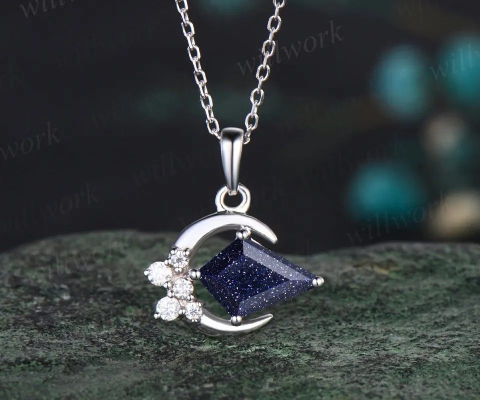 Minimalist Moon Necklace Delicate Kite Cut Galaxy Blue Sandstone Round Moissanite Cluster Pendant Art Deco Healing Jewelry Gift sold by Willwork Jewelry