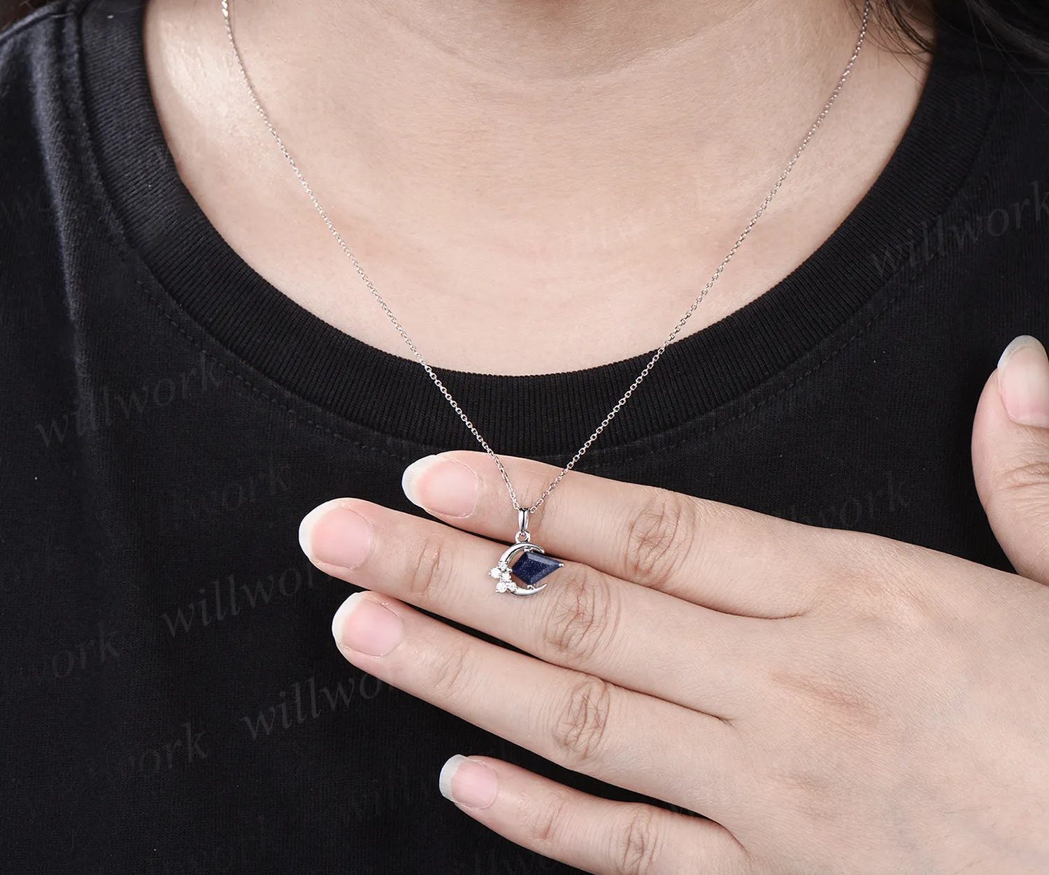 Minimalist Moon Necklace Delicate Kite Cut Galaxy Blue Sandstone Round Moissanite Cluster Pendant Art Deco Healing Jewelry Gift sold by Willwork Jewelry product image thumbnail 3