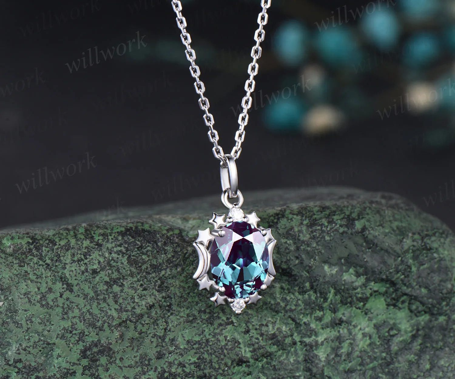 Unique Oval Cut June Birthstone Alexandrite Necklace Moissanite Three Stone Star Moon Pendant Minimalist 925 Sterling Silver 14k White Gold Engagement Gift sold by Willwork Jewelry product image thumbnail 4