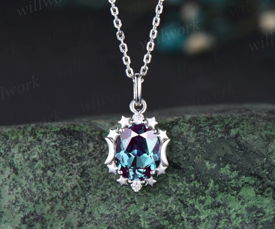 Unique Oval Cut June Birthstone Alexandrite Necklace Moissanite Three Stone Star Moon Pendant Minimalist 925 Sterling Silver 14k White Gold Engagement Gift sold by Willwork Jewelry