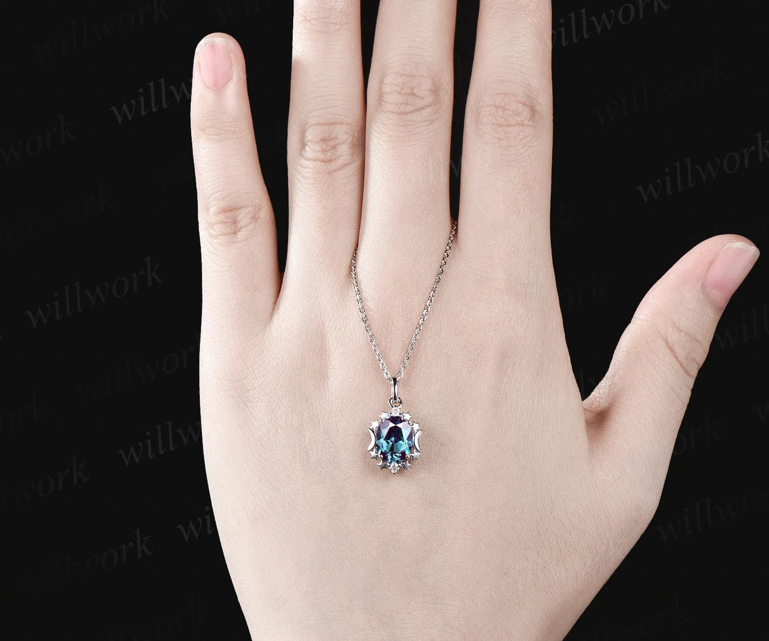 Unique Oval Cut June Birthstone Alexandrite Necklace Moissanite Three Stone Star Moon Pendant Minimalist 925 Sterling Silver 14k White Gold Engagement Gift sold by Willwork Jewelry product image thumbnail 2