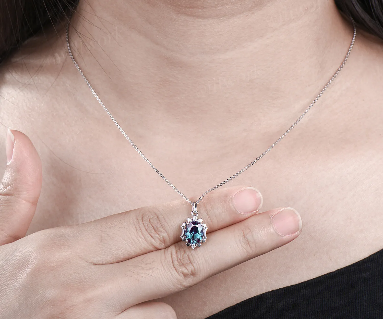 Unique Oval Cut June Birthstone Alexandrite Necklace Moissanite Three Stone Star Moon Pendant Minimalist 925 Sterling Silver 14k White Gold Engagement Gift sold by Willwork Jewelry product image thumbnail 3