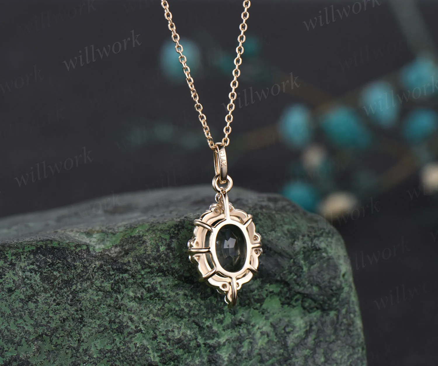 Delicate Oval Cut Natural Green Moss Agate Necklace Dainty Moissanite Halo Green Agate Pendant 14k Yellow Gold Anniversary Promise Gift sold by Willwork Jewelry product image thumbnail 5