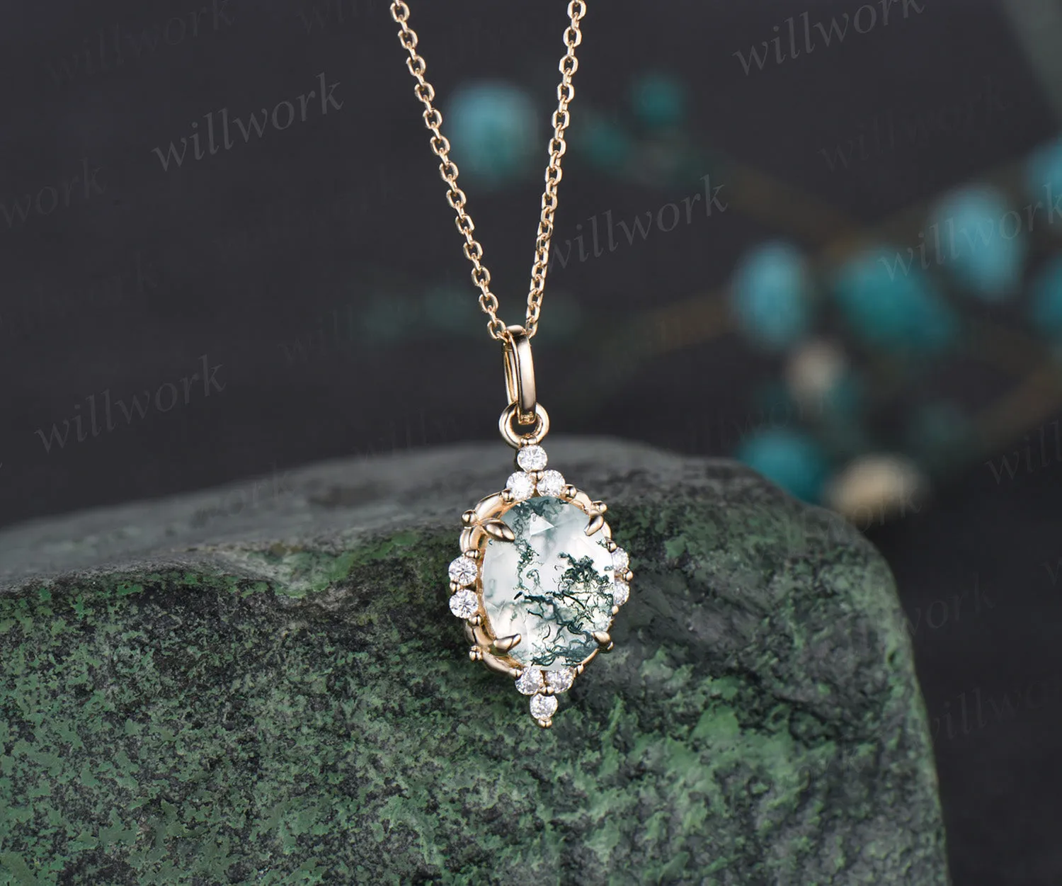 Delicate Oval Cut Natural Green Moss Agate Necklace Dainty Moissanite Halo Green Agate Pendant 14k Yellow Gold Anniversary Promise Gift sold by Willwork Jewelry product image thumbnail 4
