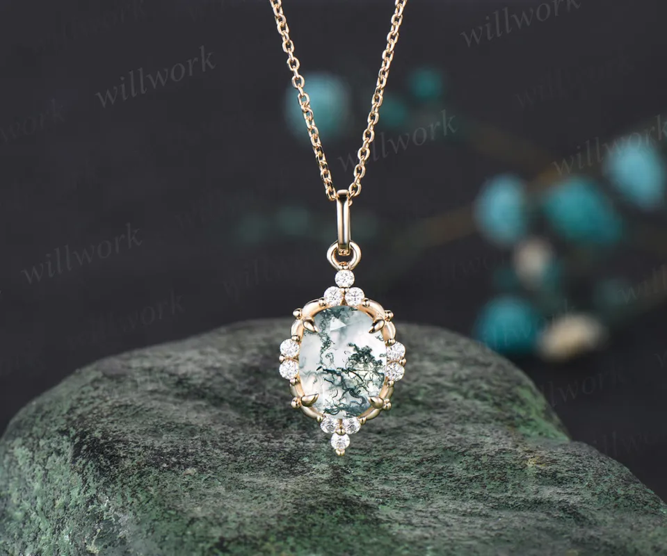 Delicate Oval Cut Natural Green Moss Agate Necklace Dainty Moissanite Halo Green Agate Pendant 14k Yellow Gold Anniversary Promise Gift sold by Willwork Jewelry
