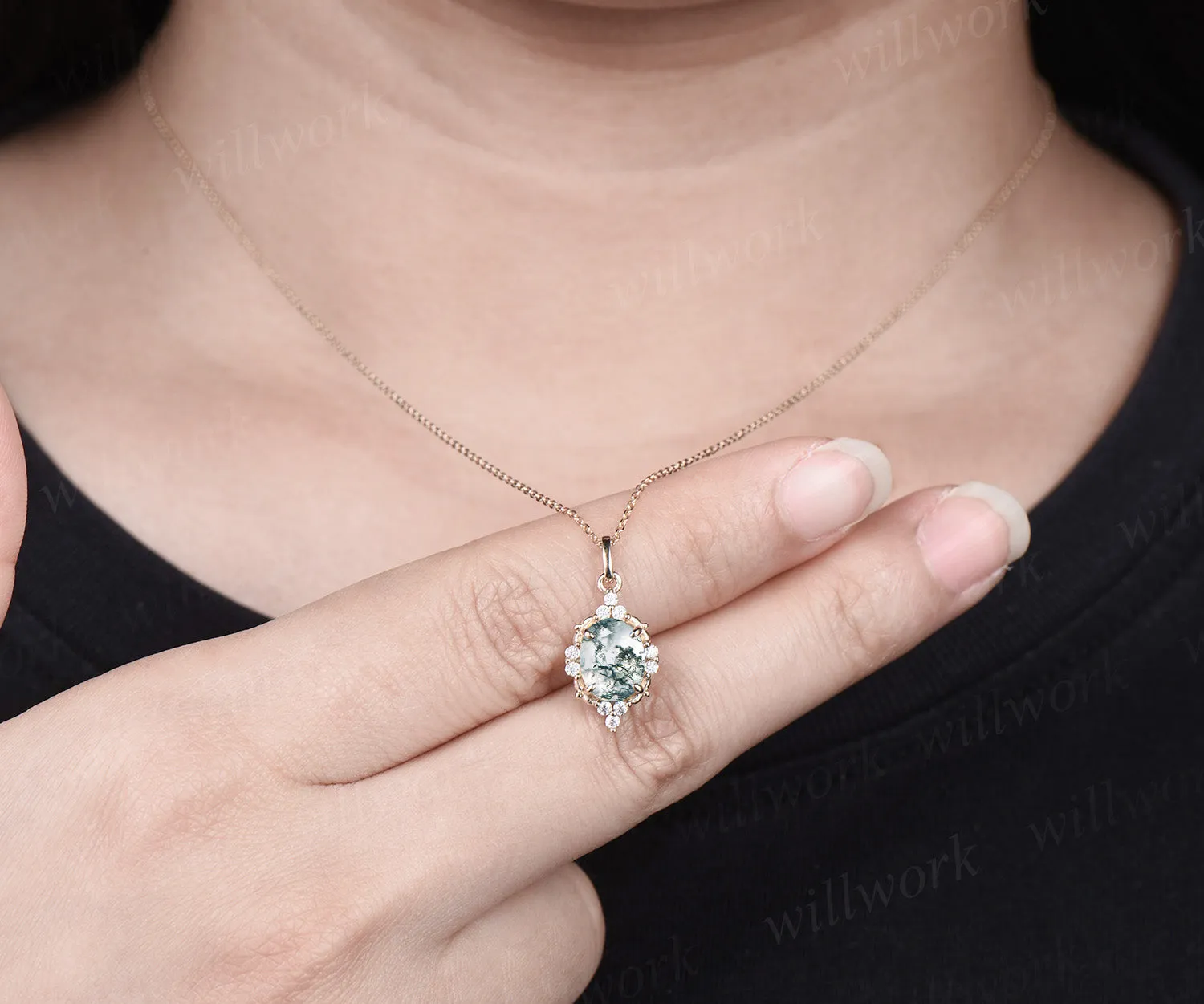 Delicate Oval Cut Natural Green Moss Agate Necklace Dainty Moissanite Halo Green Agate Pendant 14k Yellow Gold Anniversary Promise Gift sold by Willwork Jewelry product image thumbnail 3