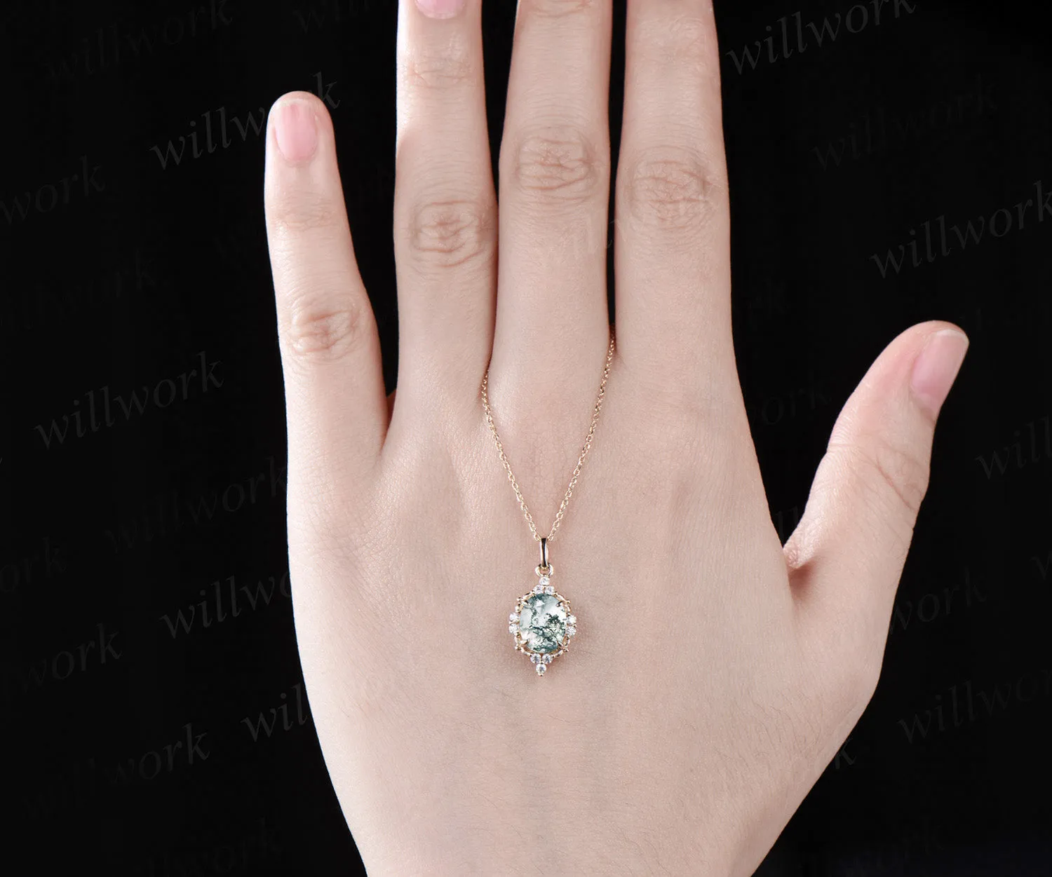 Delicate Oval Cut Natural Green Moss Agate Necklace Dainty Moissanite Halo Green Agate Pendant 14k Yellow Gold Anniversary Promise Gift sold by Willwork Jewelry product image thumbnail 2