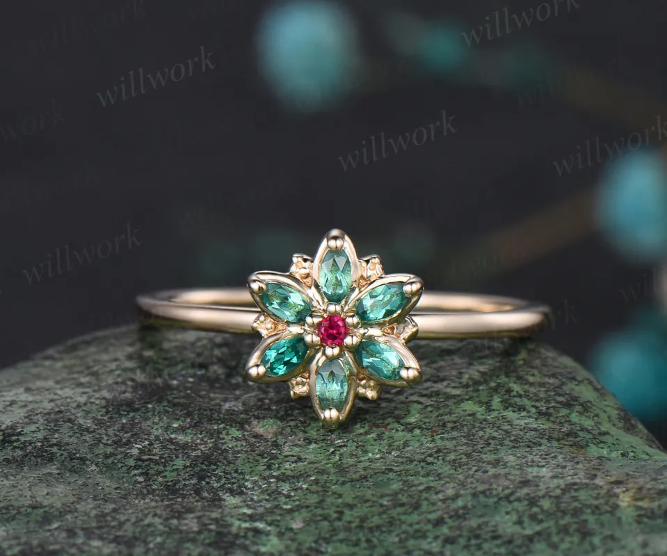 Unique Flower Floral Nature Inspired Wedding Ring Ruby Emerald Halo Leaf Anniversary Ring 14k Yellow Gold Seven Stone Bridal Jewelry Gift sold by Willwork Jewelry