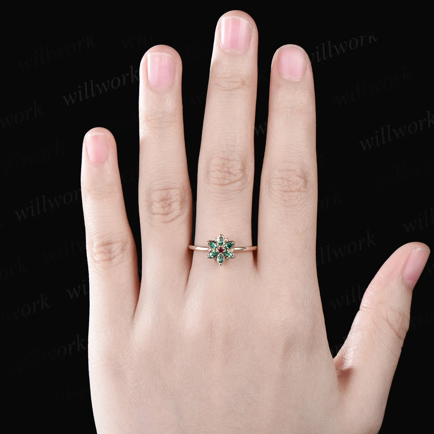 Unique Flower Floral Nature Inspired Wedding Ring Ruby Emerald Halo Leaf Anniversary Ring 14k Yellow Gold Seven Stone Bridal Jewelry Gift sold by Willwork Jewelry product image thumbnail 2