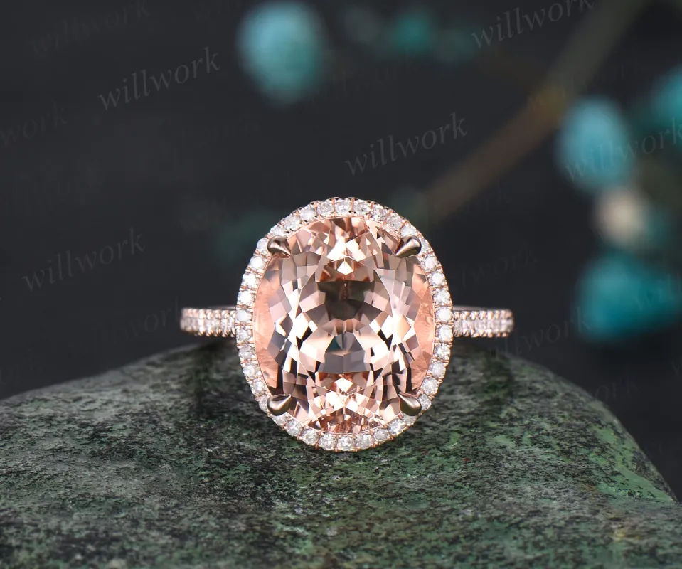 Unique 10x12mm Oval Cut Natural Morganite Engagement Ring Moissanite Diamond Halo Bridal Ring 14k Rose Gold Custom Anniversary Jewelry Gift made by Willwork Jewelry