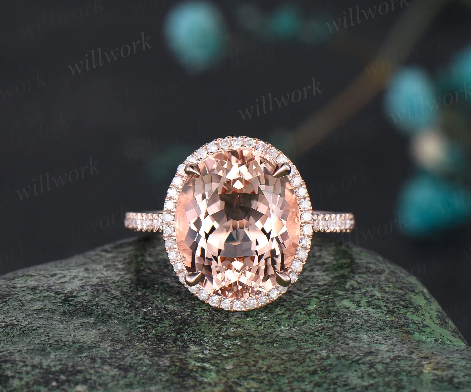 Unique 10x12mm Oval Cut Natural Morganite Engagement Ring Moissanite Diamond Halo Bridal Ring 14k Rose Gold Custom Anniversary Jewelry Gift sold by Willwork Jewelry