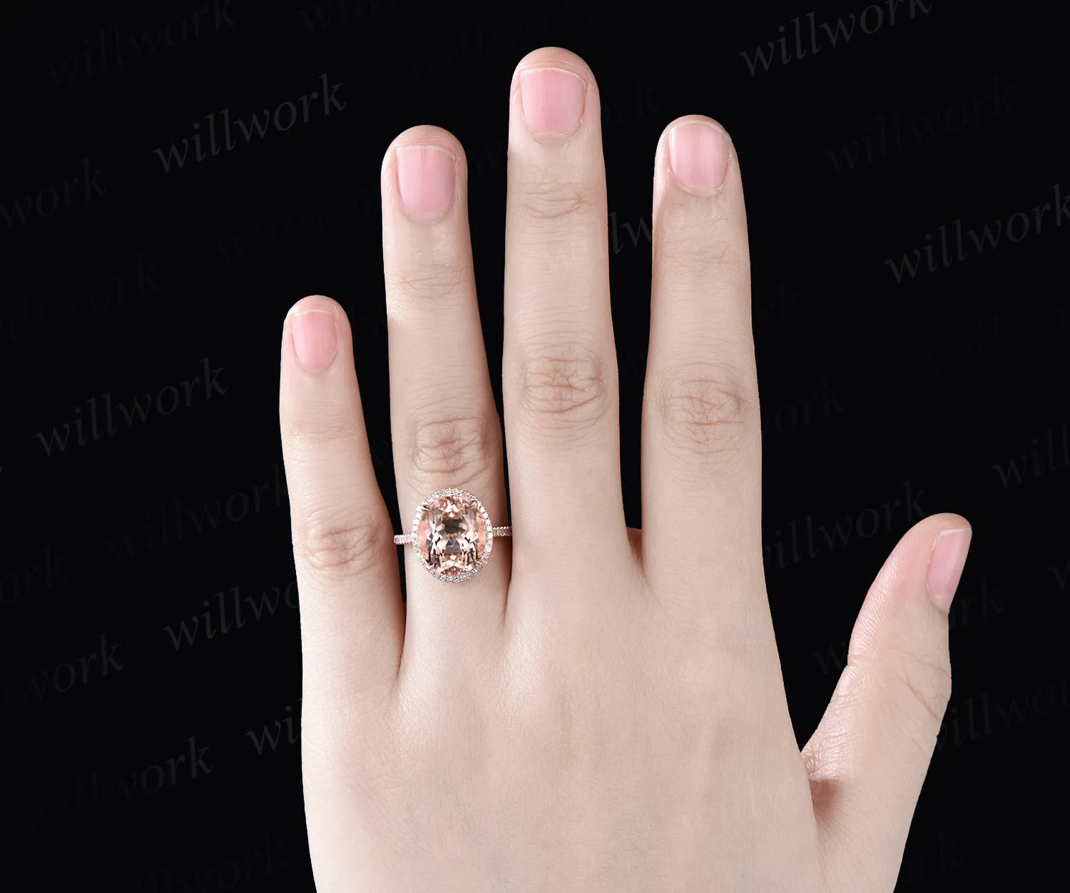 Unique 10x12mm Oval Cut Natural Morganite Engagement Ring Moissanite Diamond Halo Bridal Ring 14k Rose Gold Custom Anniversary Jewelry Gift sold by Willwork Jewelry product image thumbnail 2