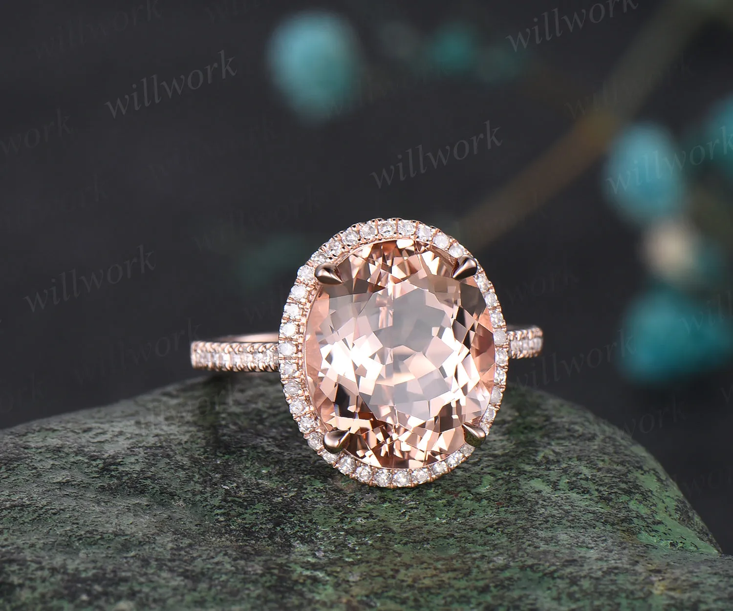 Unique 10x12mm Oval Cut Natural Morganite Engagement Ring Moissanite Diamond Halo Bridal Ring 14k Rose Gold Custom Anniversary Jewelry Gift sold by Willwork Jewelry product image thumbnail 3