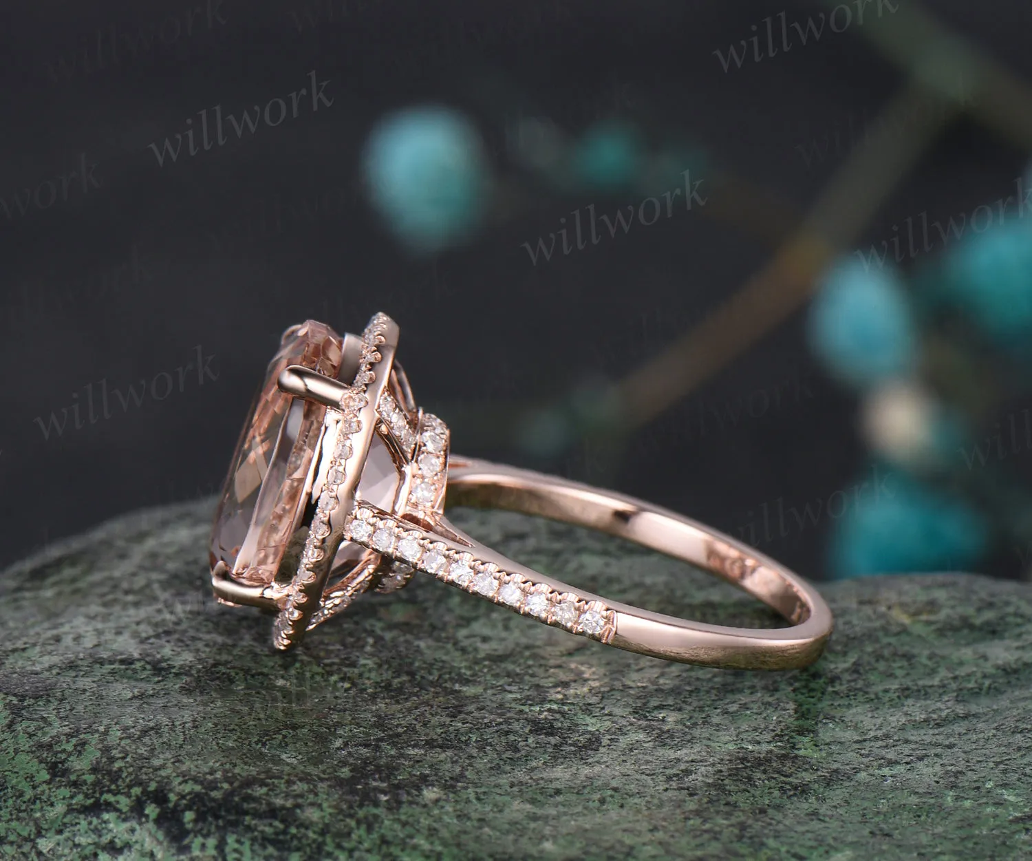 Unique 10x12mm Oval Cut Natural Morganite Engagement Ring Moissanite Diamond Halo Bridal Ring 14k Rose Gold Custom Anniversary Jewelry Gift sold by Willwork Jewelry product image thumbnail 4