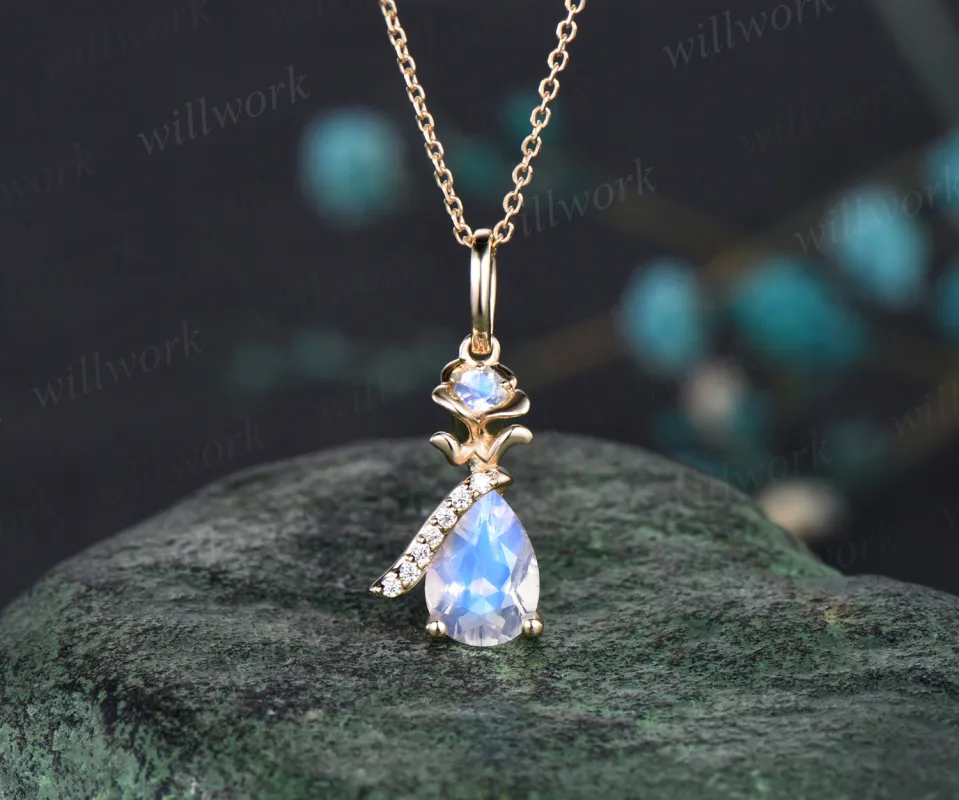 Delicate Pear Cut June Birthstone Natural Moonstone Necklace Flower Moissanite Floral Nature Inspired Pendant 14k Yellow Gold Bridal Gift sold by Willwork Jewelry