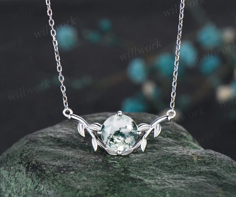 Minimalist Round Cut Natural Green Moss Agate Necklace Leaf Twig Vine Branch Nature Inspired Pendant 14k White Gold Solitaire Promise Jewelry Gift For Women sold by Willwork Jewelry