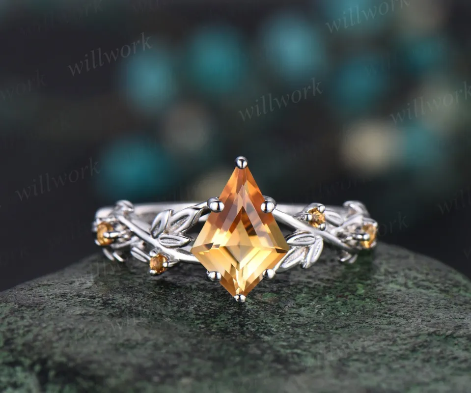 Vintage kite cut yellow citrine engagement ring white gold five stone leaf Nature inspired Crystal gemstone anniversary ring women gift made by Willwork Jewelry