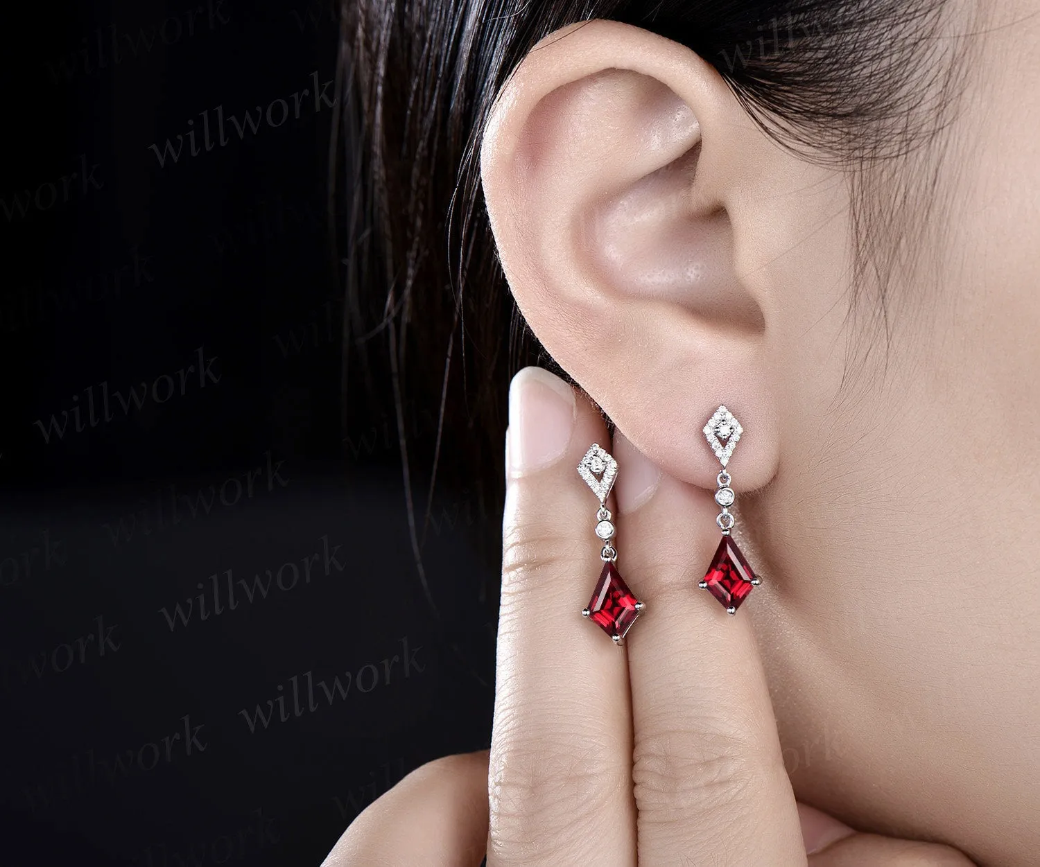 Vintage kite cut red ruby earrings solid 14k white gold halo diamond drop earrings women July birthstone dainty anniversary gift for her sold by Willwork Jewelry product image thumbnail 4