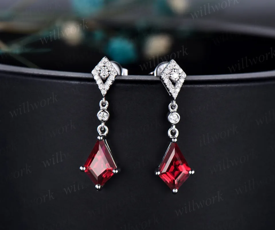 Vintage kite cut red ruby earrings solid 14k white gold halo diamond drop earrings women July birthstone dainty anniversary gift for her sold by Willwork Jewelry
