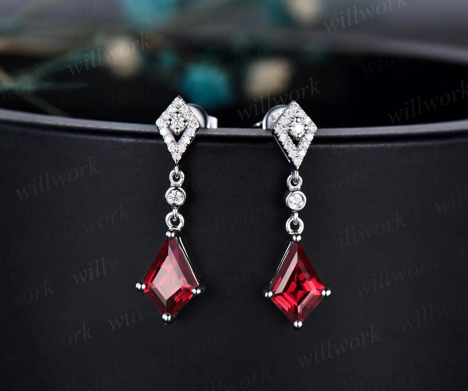 Vintage kite cut red ruby earrings solid 14k white gold halo diamond drop earrings women July birthstone dainty anniversary gift for her sold by Willwork Jewelry