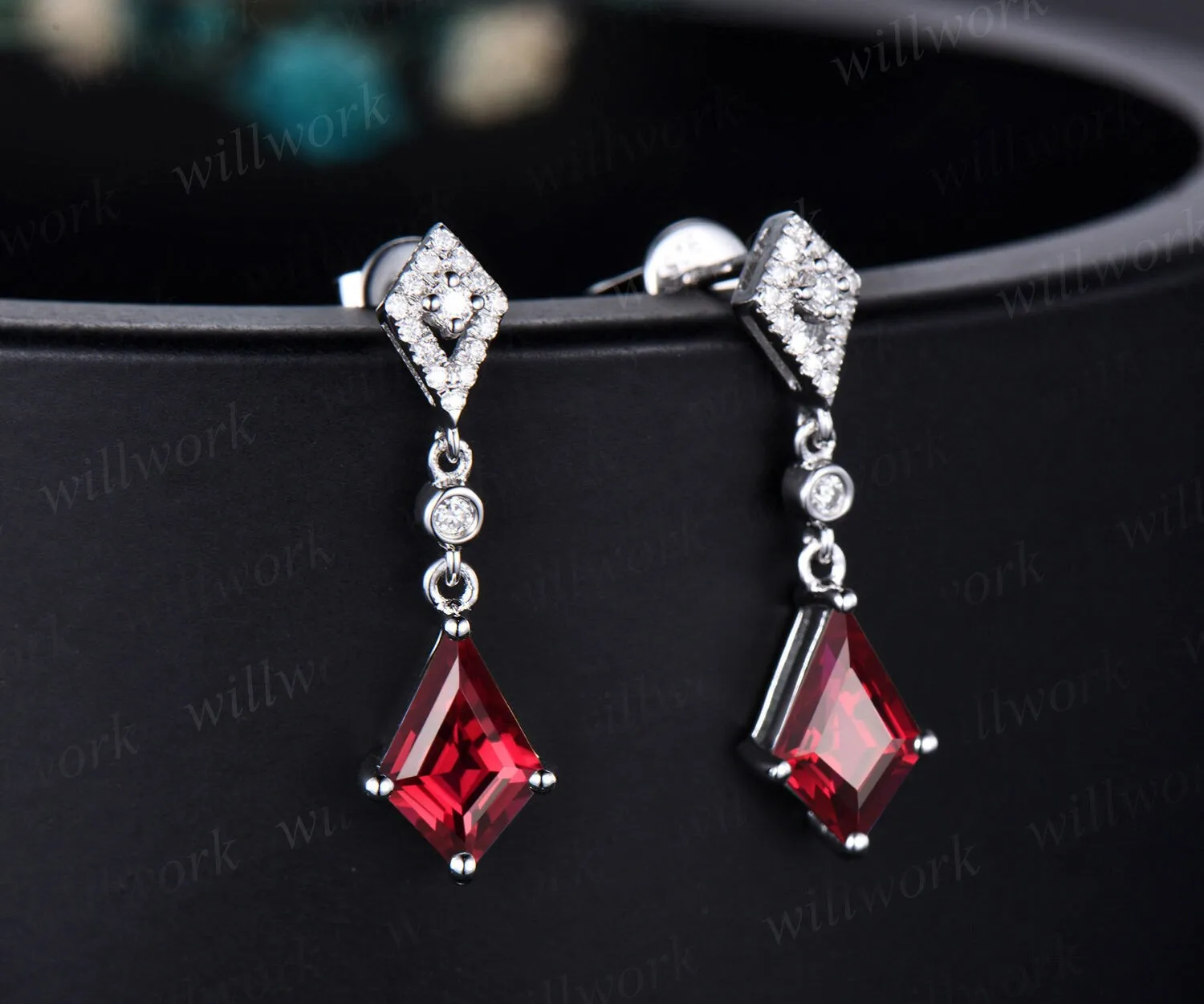 Vintage kite cut red ruby earrings solid 14k white gold halo diamond drop earrings women July birthstone dainty anniversary gift for her sold by Willwork Jewelry product image thumbnail 3