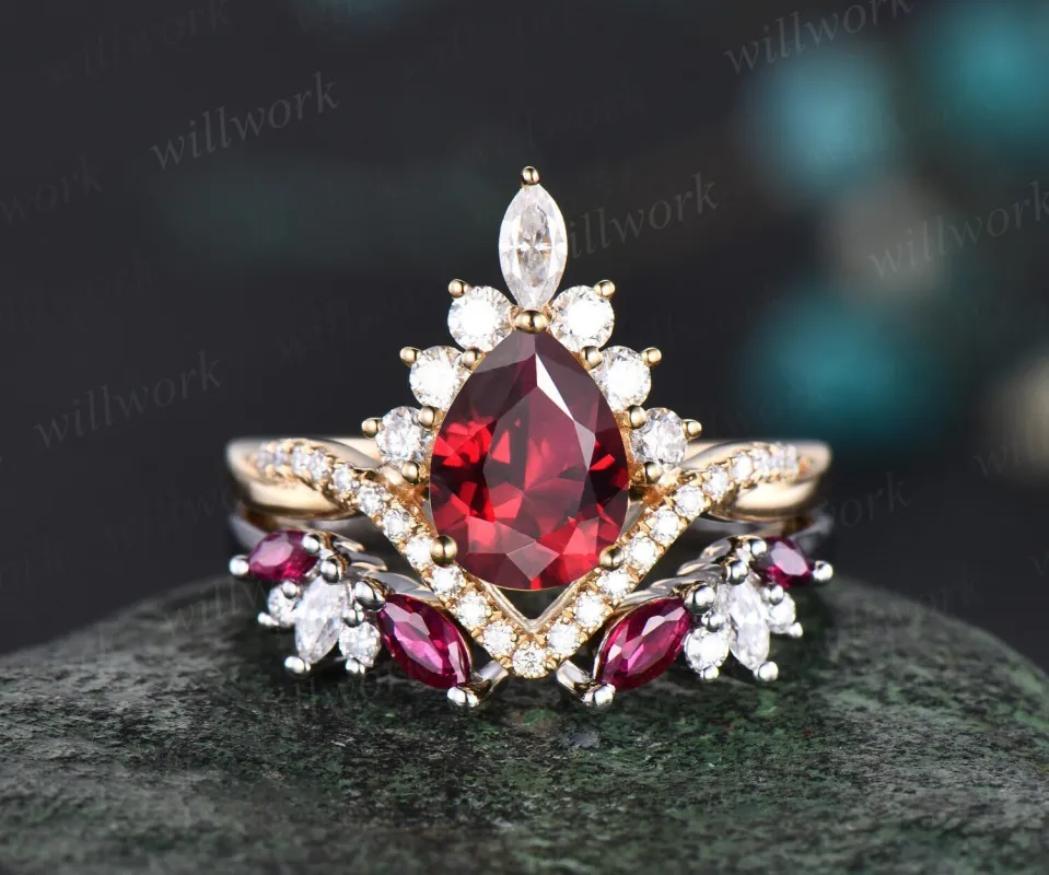 Vintage pear cut red ruby engagement ring 14k yellow gold twisted halo diamond ring jewelry unique promise wedding ring set women gift sold by Willwork Jewelry