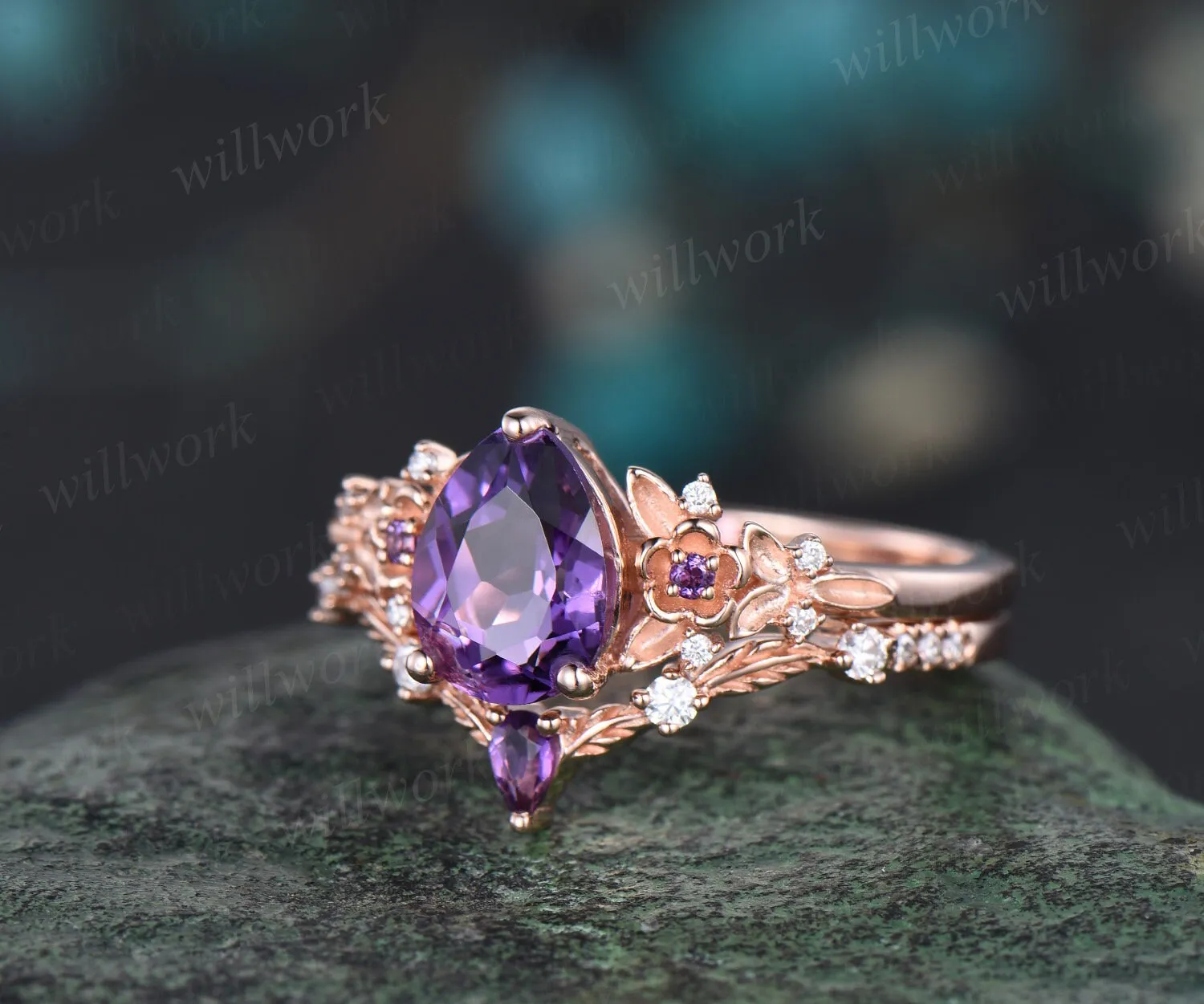Vintage pear purple amethyst engagement ring rose gold twig leaf floral antique unique cluster diamond bridal wedding ring set women gift sold by Willwork Jewelry product image thumbnail 3