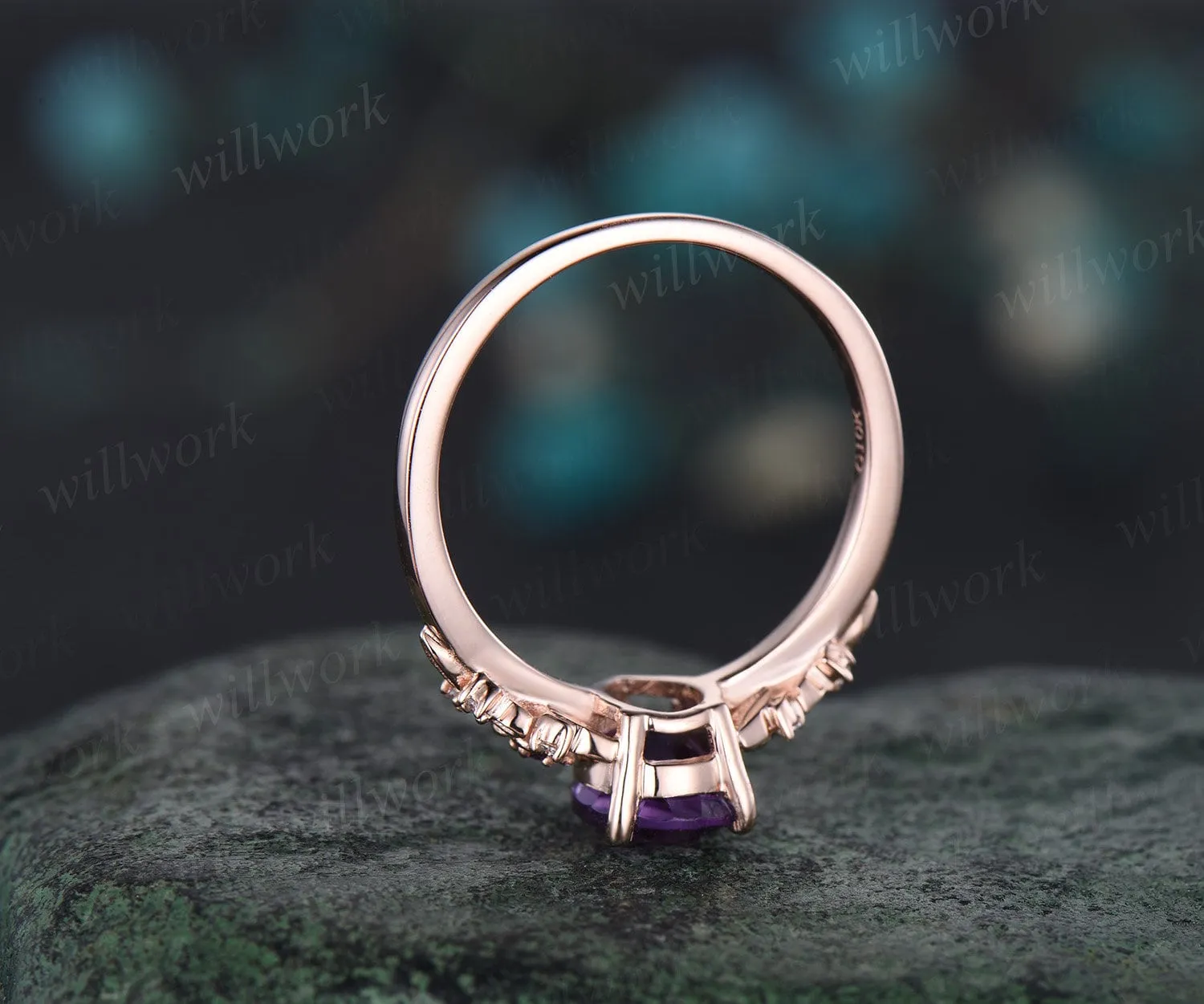 Vintage pear purple amethyst engagement ring rose gold twig leaf floral antique unique cluster diamond bridal wedding ring set women gift sold by Willwork Jewelry product image thumbnail 5