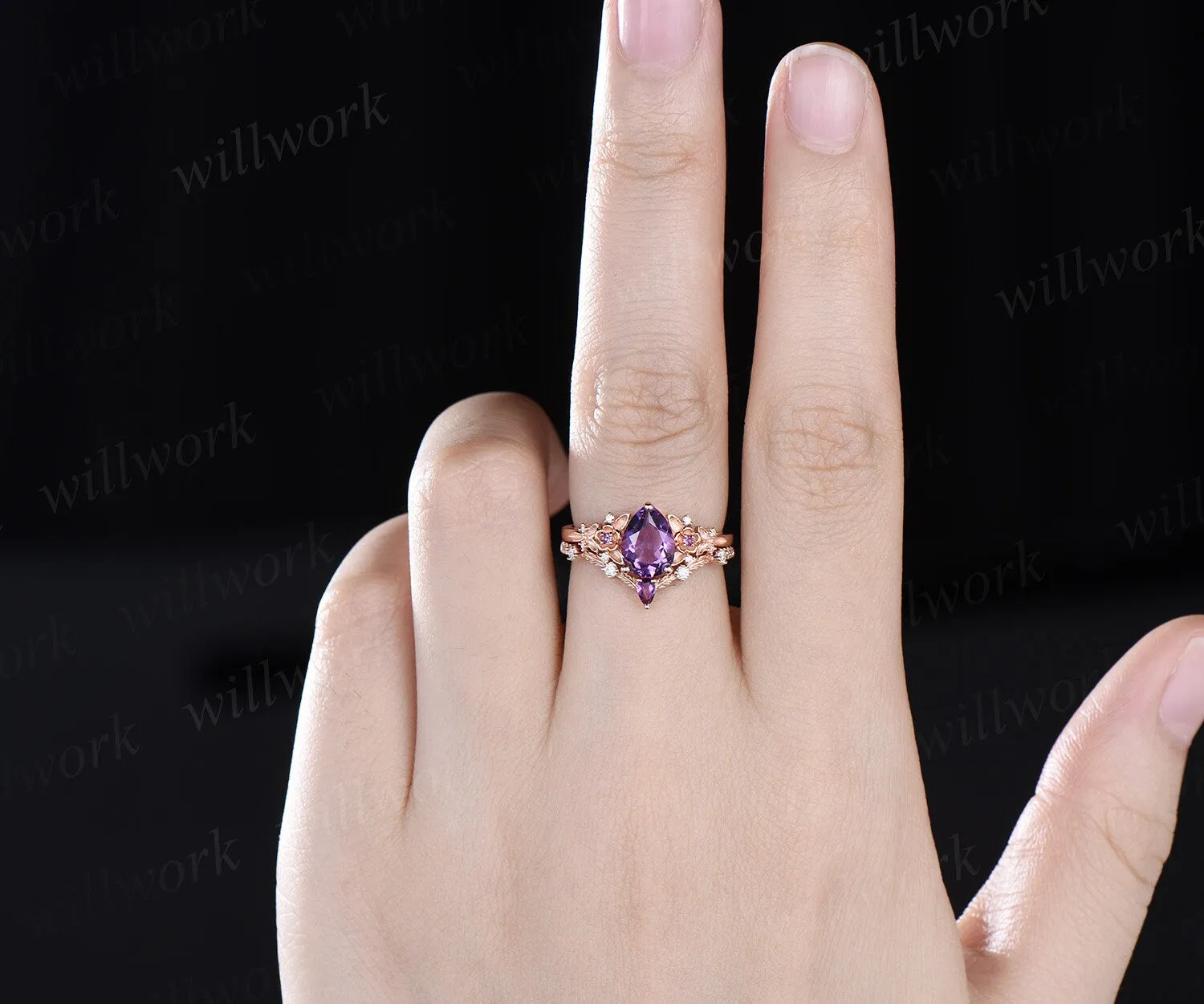 Vintage pear purple amethyst engagement ring rose gold twig leaf floral antique unique cluster diamond bridal wedding ring set women gift sold by Willwork Jewelry product image thumbnail 2