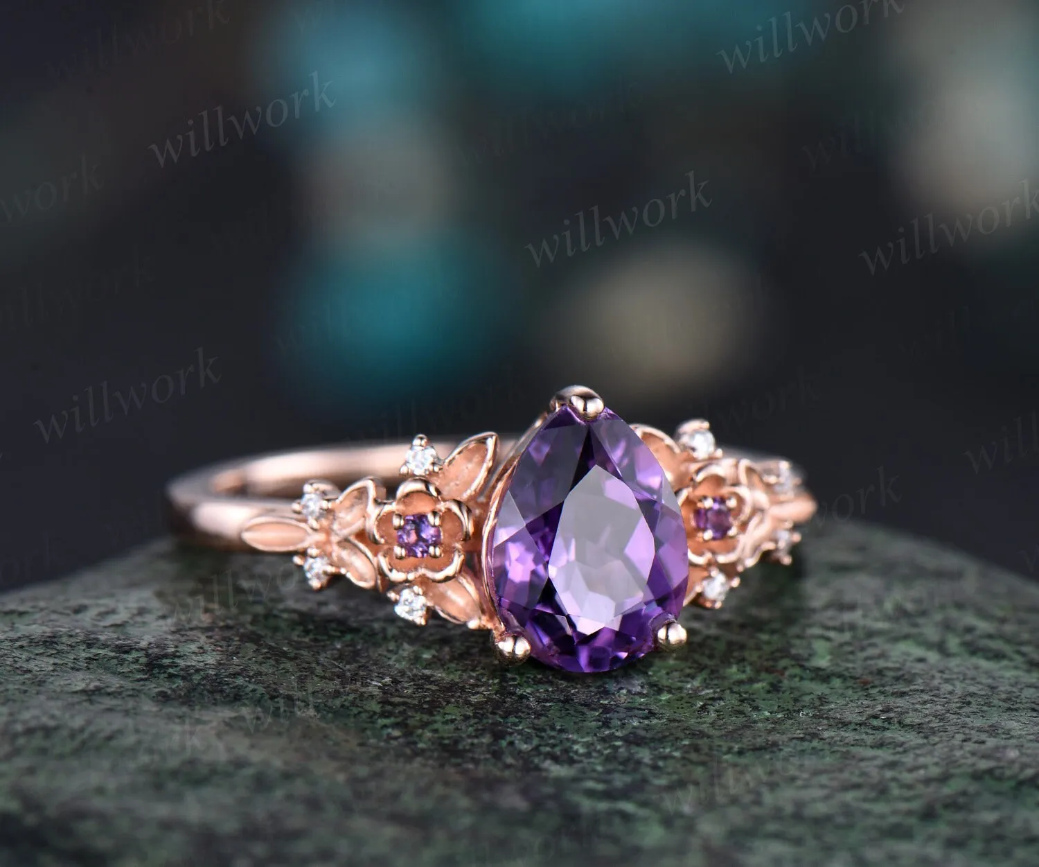 Vintage pear purple amethyst engagement ring rose gold twig leaf floral antique unique cluster diamond bridal wedding ring set women gift sold by Willwork Jewelry product image thumbnail 4