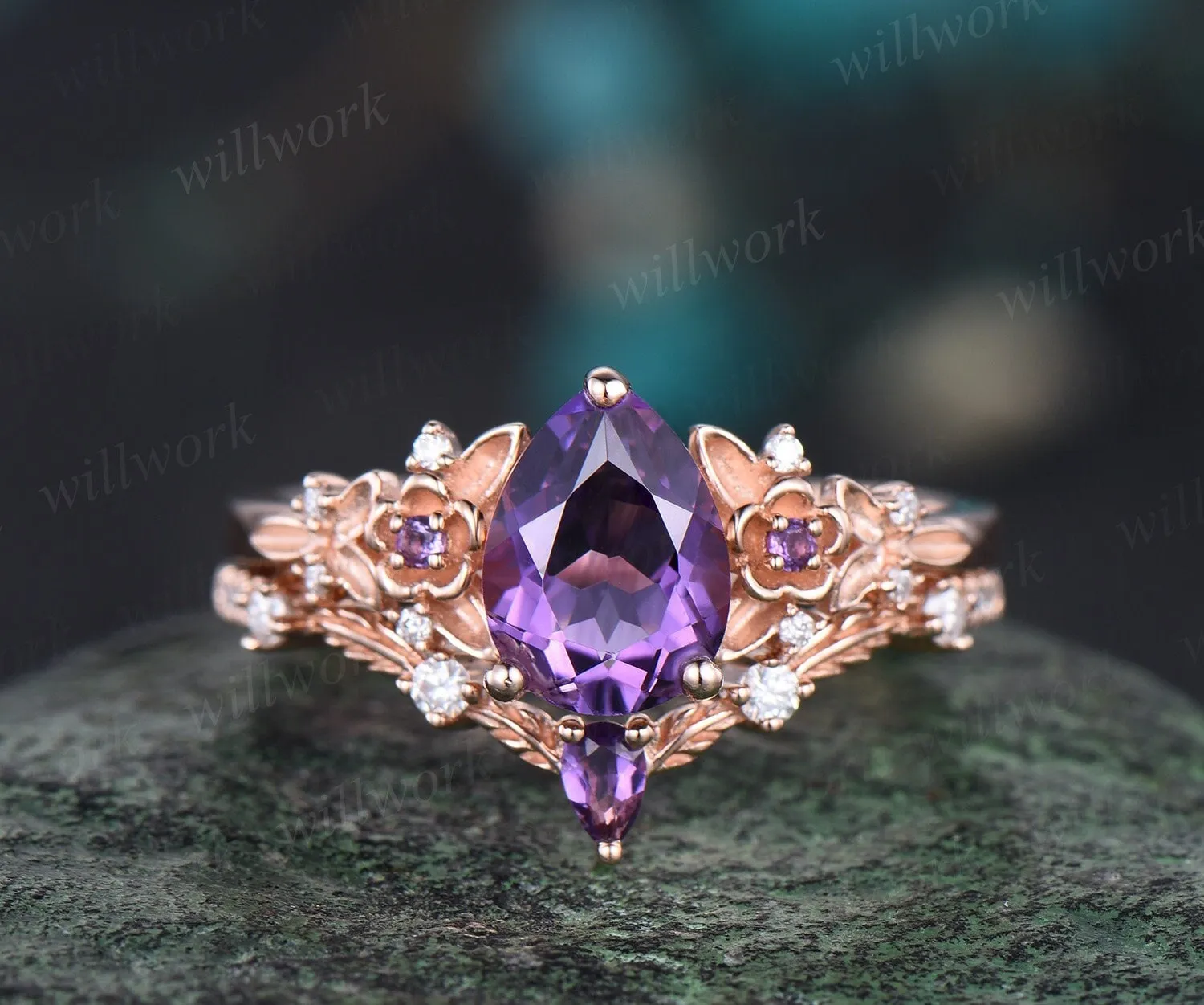 Vintage pear purple amethyst engagement ring rose gold twig leaf floral antique unique cluster diamond bridal wedding ring set women gift sold by Willwork Jewelry