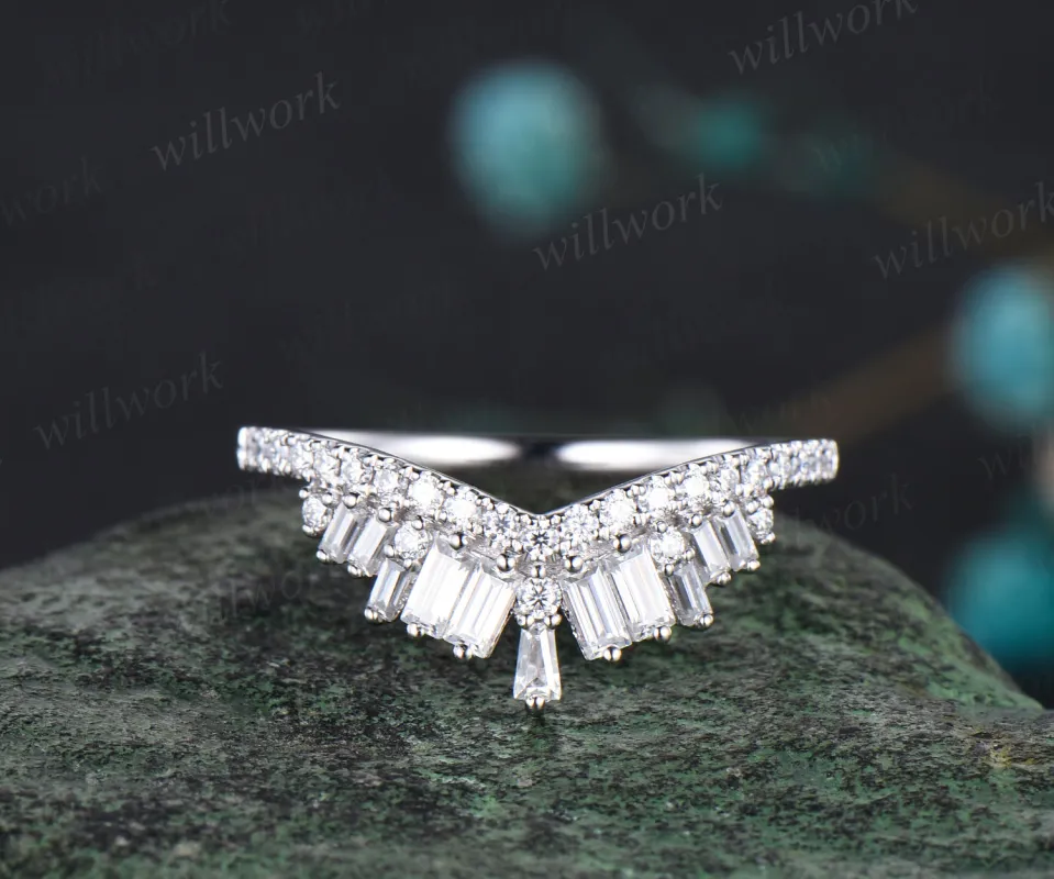 Vintage Moissanite Wedding Band Curved V Shaped Band 14k White Gold Matching Band Art Deco Cluster Ring Anniversary Gift For Women sold by Willwork Jewelry