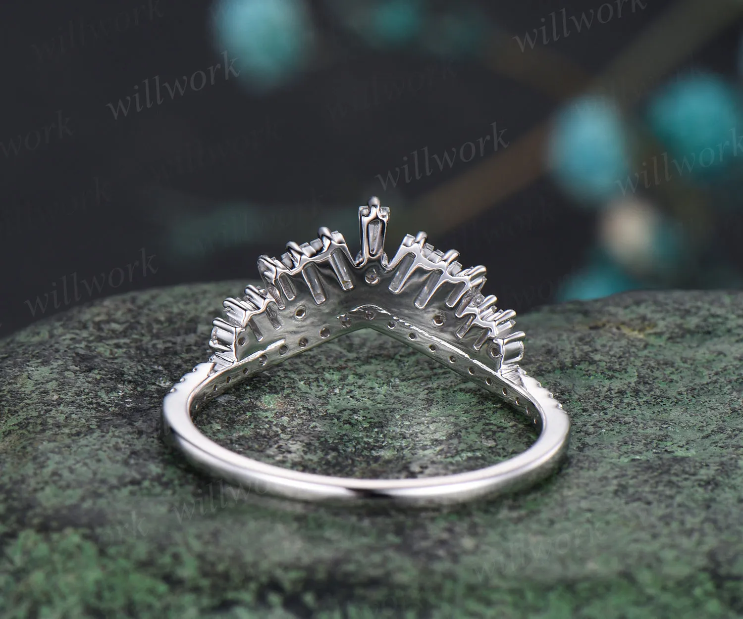 Vintage Moissanite Wedding Band Curved V Shaped Band 14k White Gold Matching Band Art Deco Cluster Ring Anniversary Gift For Women sold by Willwork Jewelry product image thumbnail 5