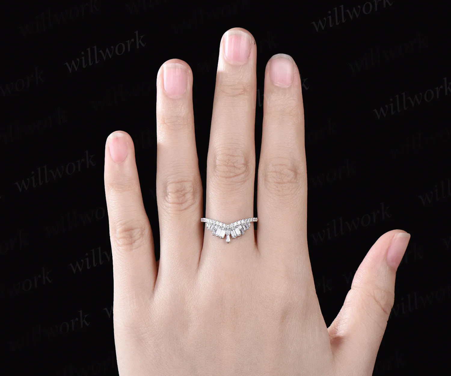 Vintage Moissanite Wedding Band Curved V Shaped Band 14k White Gold Matching Band Art Deco Cluster Ring Anniversary Gift For Women sold by Willwork Jewelry product image thumbnail 2