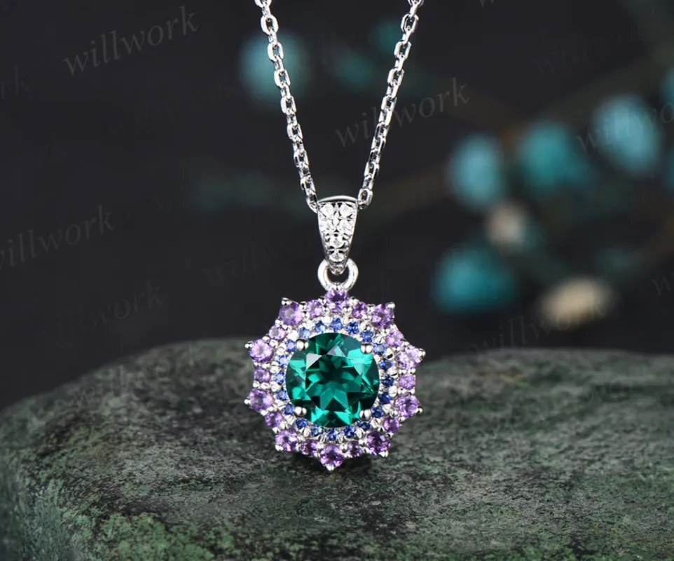 Round green emerald Necklace white gold snowdrift double halo sapphire amethyst Pendant May birthstone anniversary gift sold by Willwork Jewelry