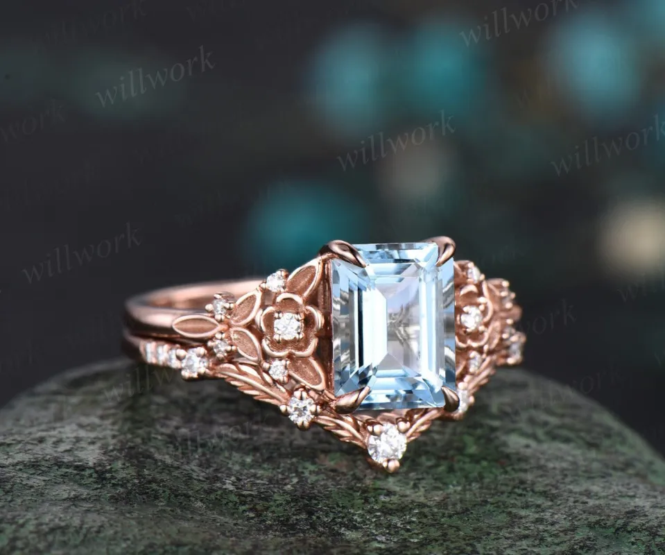 Vintage emerald cut aquamarine engagement ring rose gold leaf flower nature inspired unique cluster diamond bridal wedding ring set women sold by Willwork Jewelry