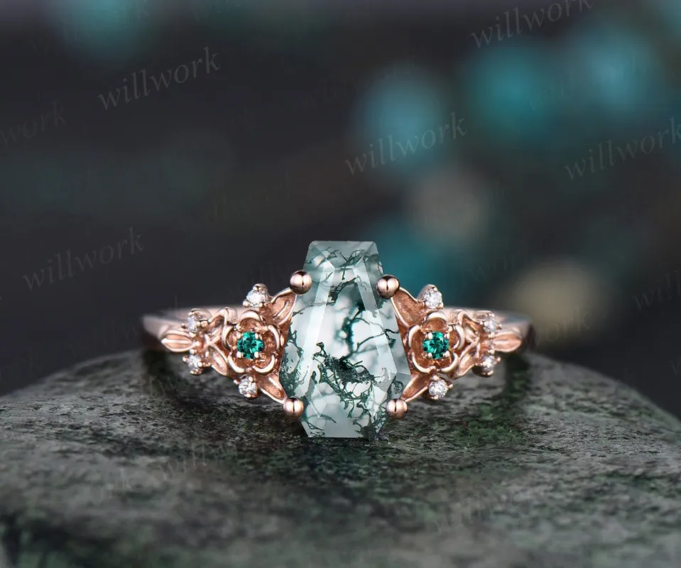 Vintage coffin cut green moss agate engagement ring rose gold twig leaf floral antique unique cluster diamond wedding ring set women gift sold by Willwork Jewelry