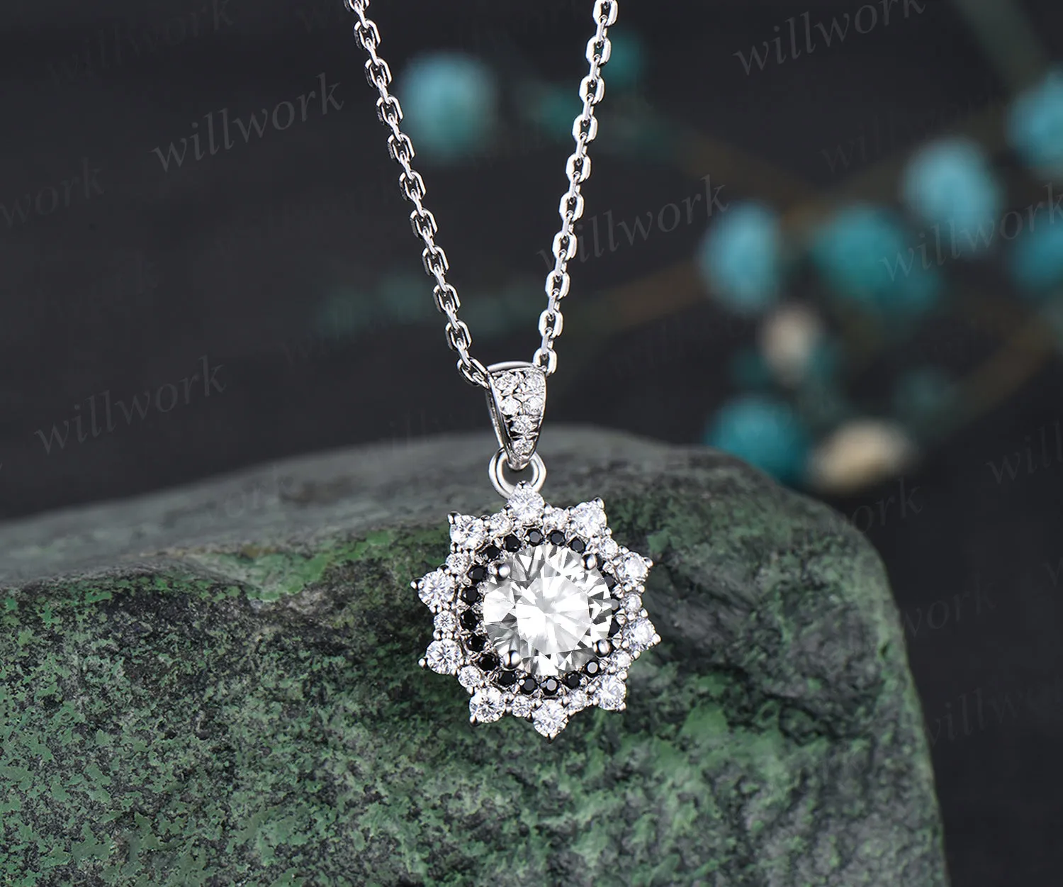 Unique Round Cut Moissanite Necklace Minimalist Delicate Double Halo Moissanite Black Spinel Diamond Pendant 14k White Gold Bridal Jewelry sold by Willwork Jewelry product image thumbnail 4