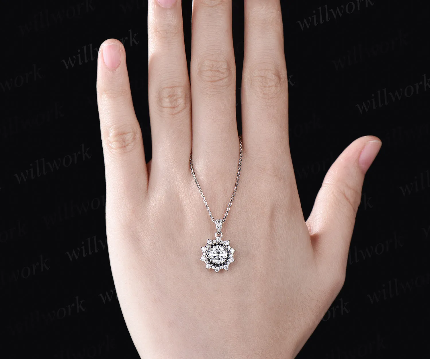 Unique Round Cut Moissanite Necklace Minimalist Delicate Double Halo Moissanite Black Spinel Diamond Pendant 14k White Gold Bridal Jewelry sold by Willwork Jewelry product image thumbnail 2