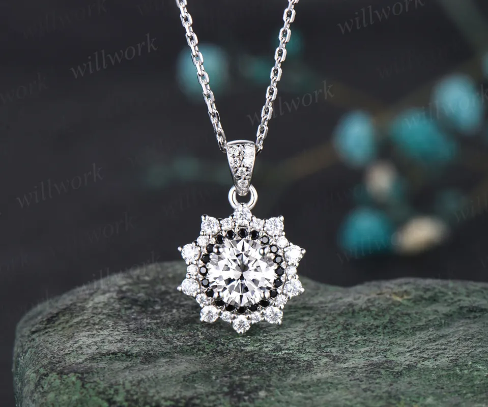 Unique Round Cut Moissanite Necklace Minimalist Delicate Double Halo Moissanite Black Spinel Diamond Pendant 14k White Gold Bridal Jewelry made by Willwork Jewelry