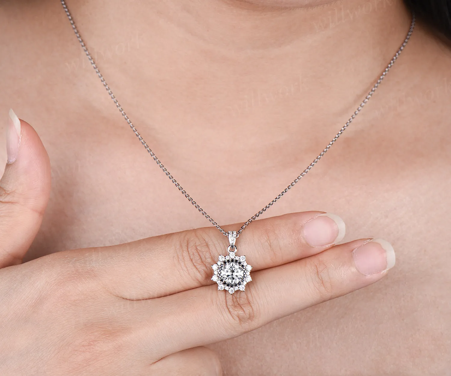 Unique Round Cut Moissanite Necklace Minimalist Delicate Double Halo Moissanite Black Spinel Diamond Pendant 14k White Gold Bridal Jewelry sold by Willwork Jewelry product image thumbnail 3