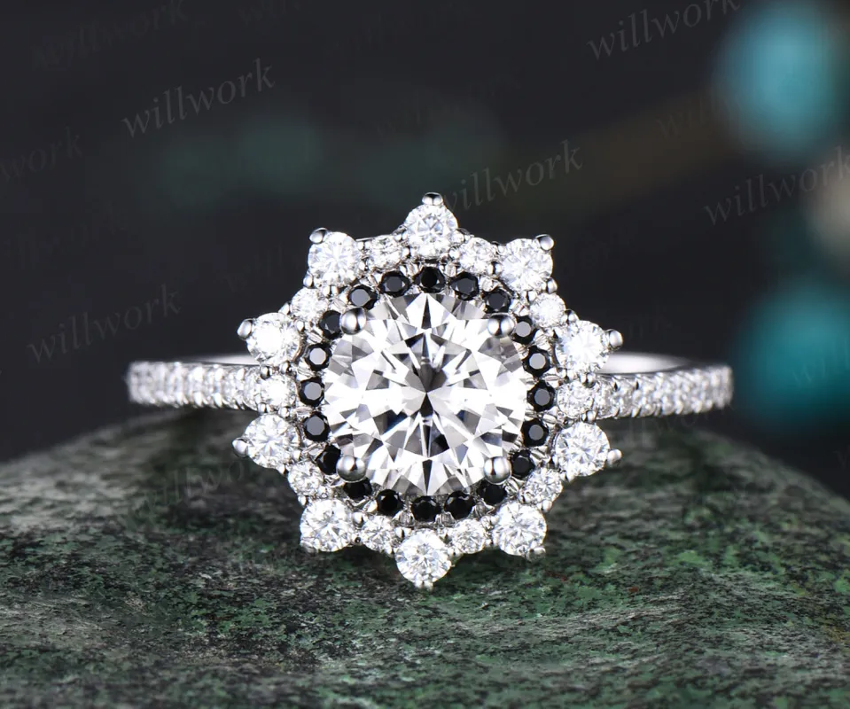 Round Cut Moissanite Engagement Ring Unique Black Diamond Spinel Moissanite Double Halo Wedding Ring Art Deco Half Eternity Bridal Ring sold by Willwork Jewelry